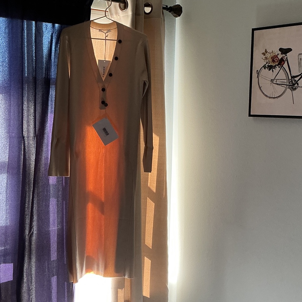 Frame Denim Tan Long Sleeve Ribbed Sweater Dress